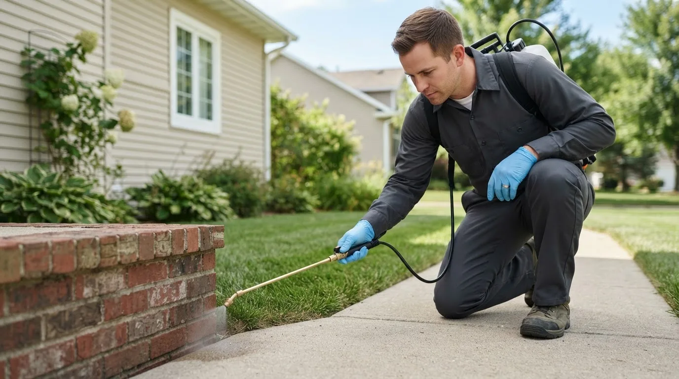 Pest control technician treating a home near Omega, OK