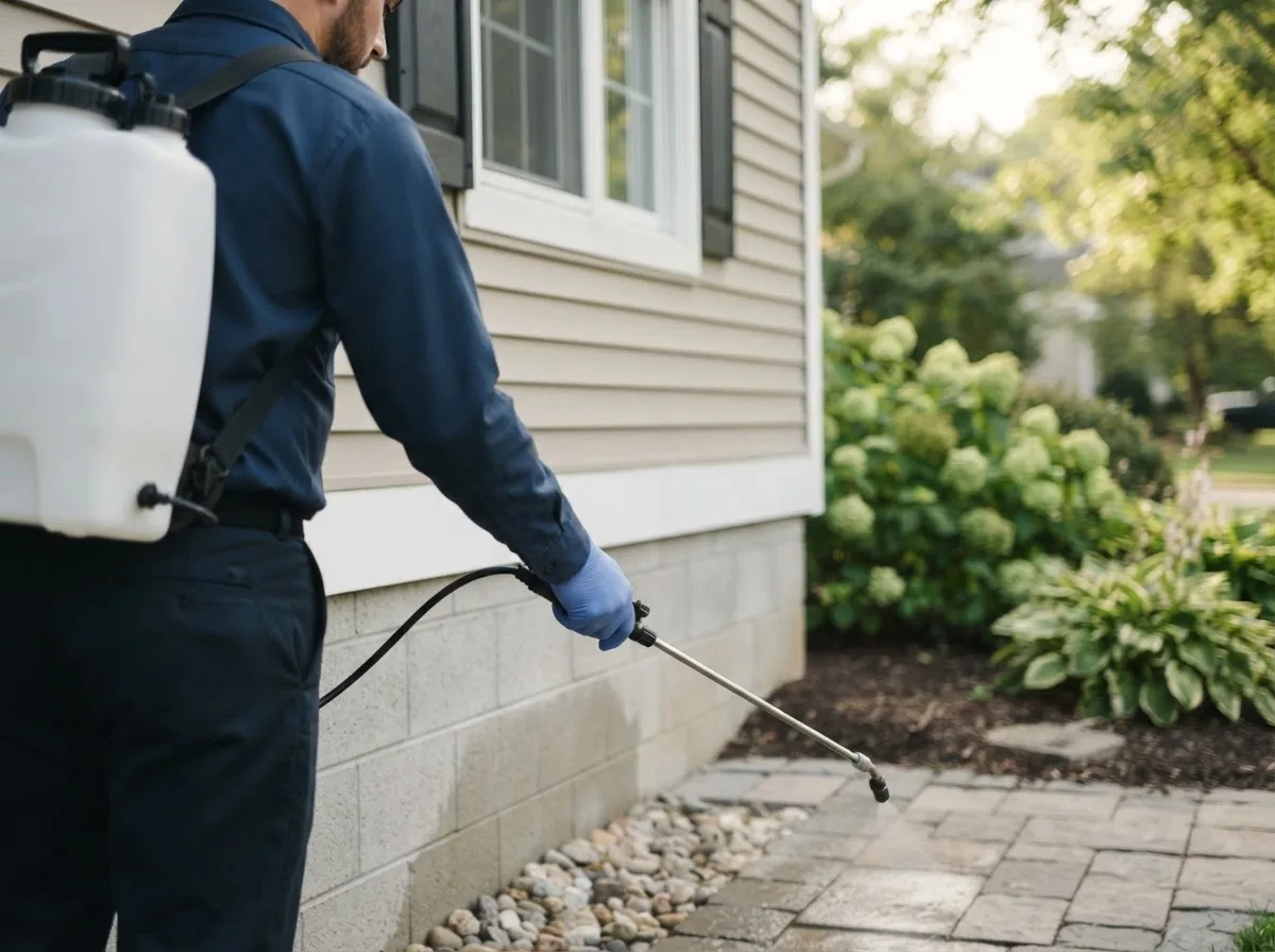 Pest control technician inspecting a home in Omega, OK